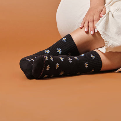 Dr. Motion Premium | Mini Daisies Ribbed - Mid-Crew Compression Socks For Women